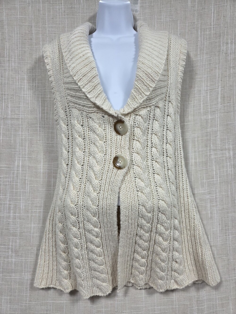 Eddie Bauer Women's Medium Cream Wool Blend Cable Knit Shawl Collar Button Vest